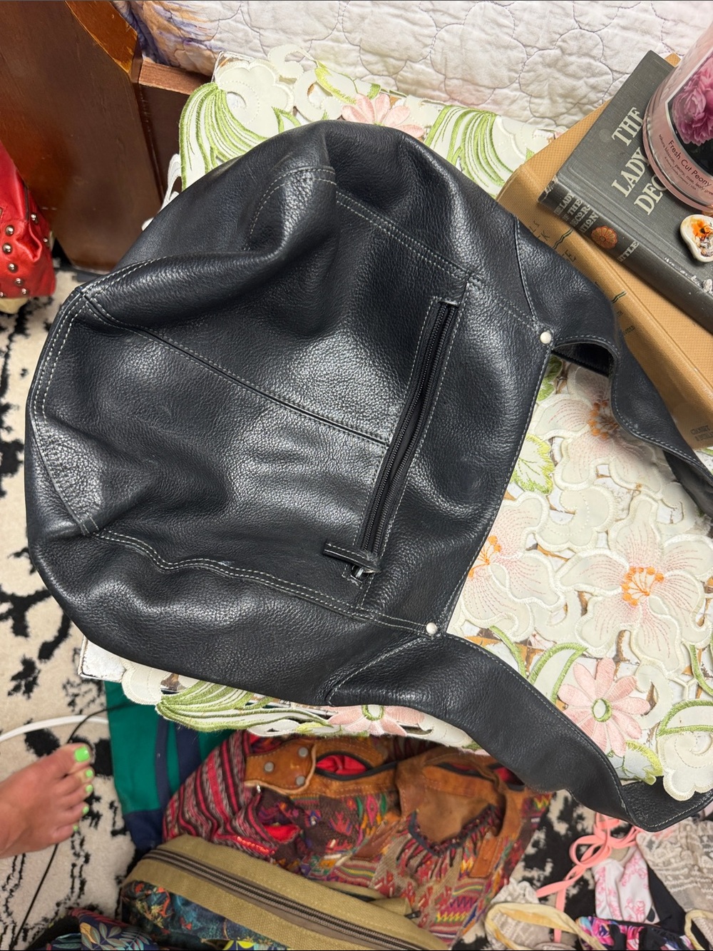 Black Pebbled Leather Shoulder Hobo Bag with Exterior Zip